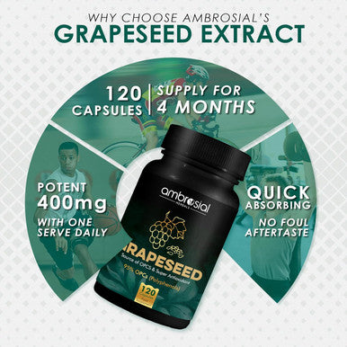 Ambrosial Ambrosial Grape Seed Extract Capsules | 95% OPCs Polyphenols | High Strength Grape Seed Supplement | Strong Antioxidant | Pack of 1-120 Vegan Capsules