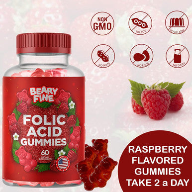 Folic Acid Gummies 400Mcg - Essential Prenatal & Pregnancy Gummy For Women, Moms & Baby To Be - 60 Raspberry Flavored Folate Gummy Vitamins - Made In The Usa
