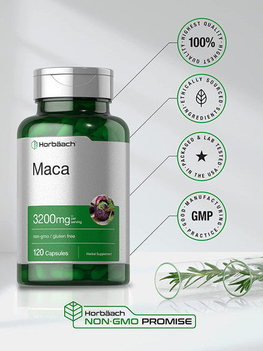 Maca Root Capsules 120 Pills High Potency Extract for Men and Women Non GMO and Gluten Free Formula by Horbaach