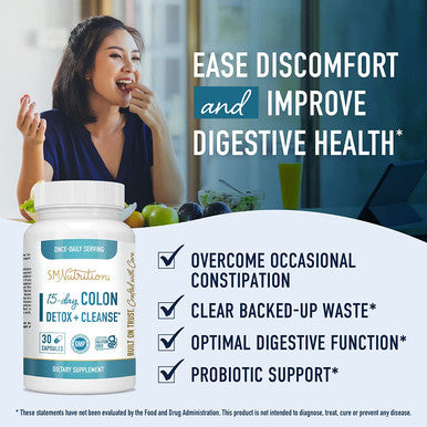 SMNutrition 15 Day Colon Cleanse Detox Supports Constipation Relief Bloating Fast Acting Cleanser for Women and Men with Fiber Probiotics for Regularity Gut Health Gluten 3rdParty Tested