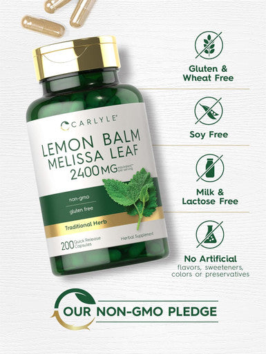 Carlyle Lemon Balm Capsules | 200 Count | Non-GMO and Gluten Formula | Melissa Leaf Traditional Herbal Supplement | Super Concentrated Extract