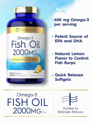 Carlyle Fish Oil Supplements | 2000mg | 320 Softgels | EPA & DHA | 600mg Total Omega-3 | Non-GMO Gluten Pills