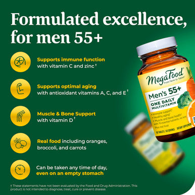 MegaFood Men'S 55+ One Daily - Multivitamin For Men With B12 C And D Vitamins And Zinc - Optimal Aging And Muscle And Bone Health - Vegetarian - Made Without 9 Food Allergens - 90 Tabs