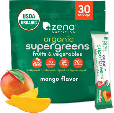 Zena Nutrition Organic Super Greens Powder 70+ Superfoods 0 Sugar 3g Fiber Spirulina Chlorella Mushrooms Prebiotics/Probiotics Digestive Enzymes Gut Health Green Apple 30 Drink Mix Packets