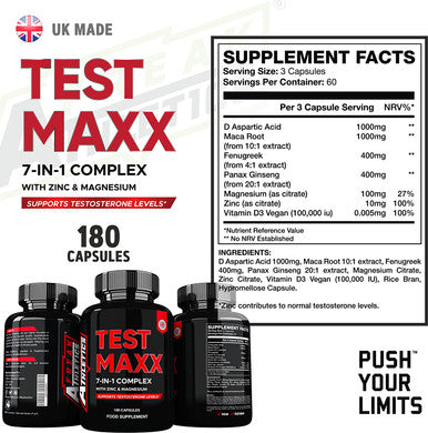 Test Maxx Booster for Men - Supplements for Men 180 Capsules - 7 Powerful Active Ingredients & Vitamins Including Zinc, Maca Root Extract, Fenugreek, Ginseng - Made in The UK