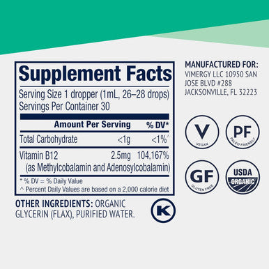 Vimergy USDA Organic Liquid Vitamin B12 Supplement 2500 mcg Methylcobalamin and Adenosylcobalamin Energy Support, Vegan Non GMO B12 Vitamins for Women and Men 30 Serving 30 mL