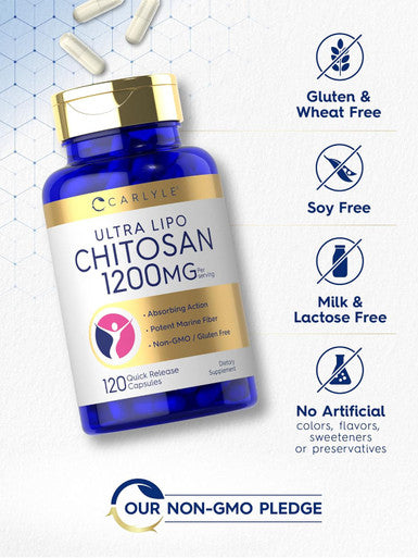 Carlyle Chitosan Supplement 1200mg | 120 Quick Release Capsules | Non-GMO Gluten | Ultra Lipo