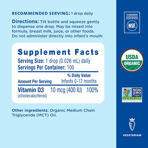 Mommys Bliss Organic Baby Vitamin D Drops Promotes Healthy Growth and Bone Development Age Newborn+ 0.11 Fl Oz (100 Servings) Pack of 2