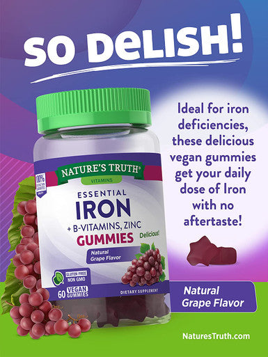 Iron Gummies | 60 Count | Vegan, Non-GMO & Gluten Supplement | with B Vitamins & Zinc | Grape Flavor | by Natures Truth