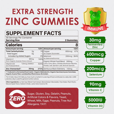 Zinc Gummies 30Mg, High Absorption Fermented Zinc Supplements + Copper, Selenium, Vitamin C & D, Black Elderberry, Zinc Complex For Daily Immune Support, Powerful Antioxidant, Vegan, Sugar 2 Pack