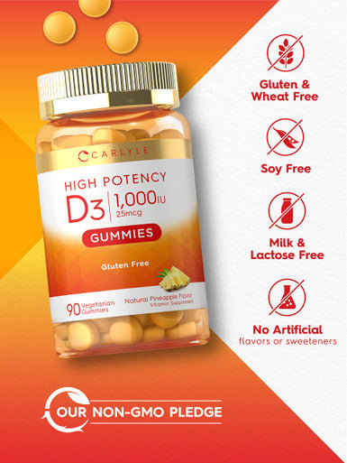 Carlyle Vitamin D3 1000Iu Gummies | 90 Count | Vegetarian, Non-Gmo, And Gluten Free Vitamin D Supplement | Natural Pineapple