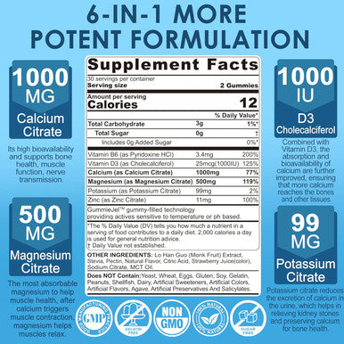 Calcium Citrate 1000Mg Filled Gummies + Vitamin D3, Magnesium, Potassium, Zinc & B6 - Bones Strength, Muscle & Immune Support - Sugar Calcium Supplement For Women Men, Vegan Calcium Chews, 60Cts