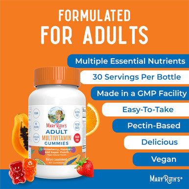 Maryruth Organics Multivitamin for Women and Men | Sugar | Adult Multimineral Gummy with Vitamin C | D and E | B Vitamins | Biotin | Zinc | Vegan | Non-GMO | Gluten | 60 Count