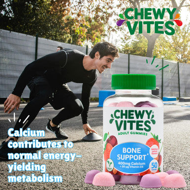 Chewy Vites Adult Bone Support 50 Vitamin Gummies 400mg Calcium Gummies with 20 mcg Vitamin D3 for Bones Teeth & Muscle Function 2-a-Day Vegan Mix of Wild Cherry and Strawberry Flavour