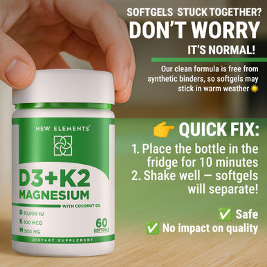 New Elements Vitamin D3 K2 10,000 IU with Magnesium Glycinate 500mg Bone Health Immune Support Energy and Mood - Non-GMO Gluten-Free Sugar Free Softgels for Women and Men 60 softgels