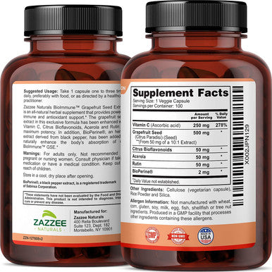 Zazzee BioImmuneÃƒâ€šÃ¢â€žÂ¢ Grapefruit Seed Extract GSE 500 mg 100 Vegan Capsules, High Absorption, Potent Immune Support Blend, 10:1 Extract, Non-GMO and All-Natural