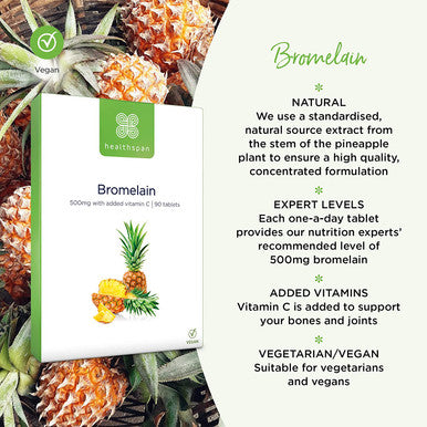 Healthspan Bromelain with Added Vitamin C 90 Tablets 500mg Bromelain Extract Digestive Enzyme Pineapple Plant Vegan