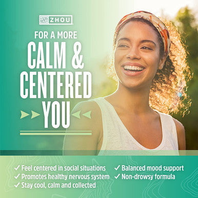 Zhou Calm Now Soothing Support with B Vitamins, Ashwagandha, Magnesium & Zinc, Relax, Focus & Positive Mind, Supports Serotonin Increase, Non-GMO, Vegan, Gluten-Free, 30 Servings - 60 VegCaps