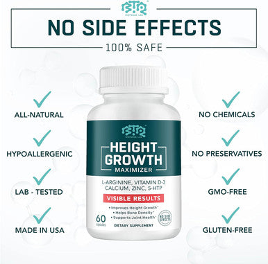 Height Growth Maximizer, Calcium, Vitamin D3 And Zinc Blend Pills, Bone Growth Supplement For Kids And Teens, Bone Strength, Density Support, Gmo-Free, Gluten-Free, Made In Usa, 60 Caps