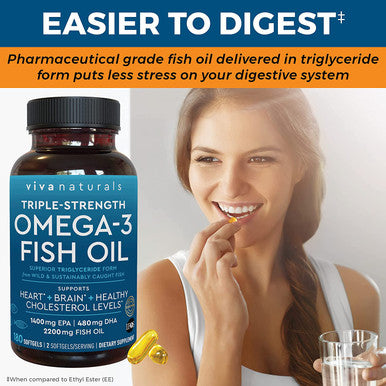 Viva Naturals Triple-Strength Omega 3 Fish Oil with EPA and DHA Supplements 2,200mg, 180 Softgels