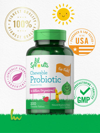 Probiotics For Kids | 200 Chewable Tablets | 6 Billion Cfus | Natural Raspberry Flavor | Non-Gmo, Gluten Free Probiotics For Chil