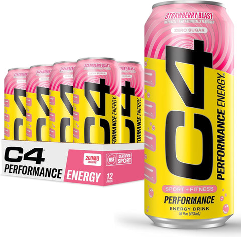 C4 Performance Energy Drink, Cherry Popsicle, Zero Sugar Carbonated Preworkout Energy, 200mg Caffeine with Beta Alanine, 16 Fl Oz (12 Pack)