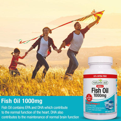 Natures Aid Fish Oil 1000mg | Omega 3 (180mg Epa & 120mg Dha) | Made In The UK 120 Softgels for The Price of 90 120 Capsules