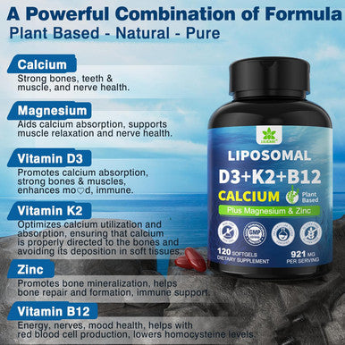 6-In-1 Liposomal Vitamin D3 K2 Calcium Supplement - Plant Based Calcium 600Mg With Vegan Vitamin D 5000 Iu + Vitamin K2 Mk7 + B12, Algae Calcium Magnesium Zinc For Bone, Hear-T, Max Absorption, 1Pack