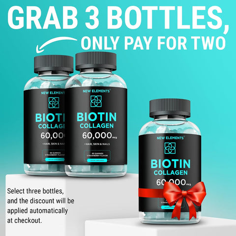 Elements Biotin & Collagen Peptides Gummies - 50000Mcg Collagen + 10000Mcg Biotin Hair Skin & Nails Support For Men & Women Hair Growth Glowing Skin & Strong Nails Non-Gmo Chewable Great-Tasting