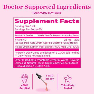 Pink Stork Liquid Folate: Whole-Food Vitamin B9 from Lemon Peels Natural Folic Acid with Vitamin C Liquid Prenatal Vitamins for Women Pregnancy Must Haves Women-Owned 2 oz