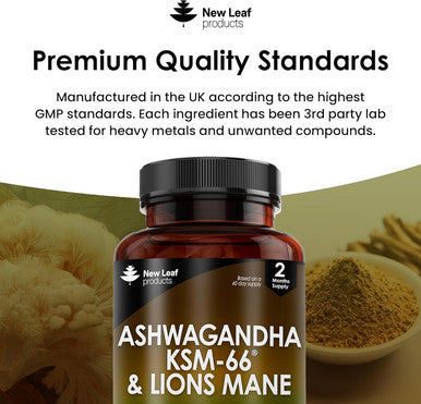 Ashwagandha Ksm-66 And Lions Mane Capsules - High Strength 2000Mg Ksm-66 Ashwaghandha Root Extract And Lions Mane Mushroom Extract - 120 Vegan Capsules With Black Pepper - Uk Made By Leaf