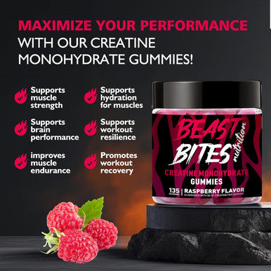 BEAST BITES Nutrition Creatine Monohydrate Gummies for Men & Women - 5g of Creatine Monohydrate per Serving - Sugar Free,Vegan, Raspberry Flavor, 135 Count (45 Servings)