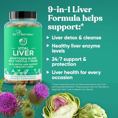 Eu Natural Vital Liver Cleanse Detox & Repair 9-in-1 Liver Support Supplement Milk Thistle Artichoke Extract Turmeric Adaptogens Optimal Liver Function and Digestive Health 60 Vegetarian Soft Capsules