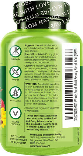 NATURELO Whole Food Multivitamin with Extra Hair, Skin and Nails Support Ãƒâ€šÃ¢â‚¬â€œ Beauty Blend with Hyaluronic Acid & Grape Seed - High Potency Biotin , Vitamin C , and Glutathione - 60 Vegan Capsules