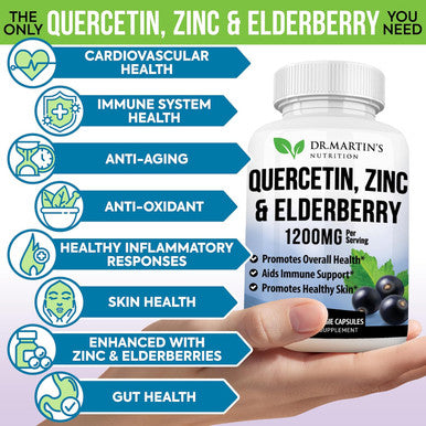 1200Mg Quercetin, Zinc & Elderberry Supplement Antioxidant For Seasonal Sinus Relief, Immune System & Cardiovascular Health Maintains Inflammatory & Immune Responses 120 Capsules Men & Women
