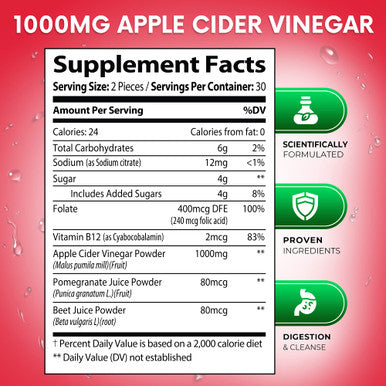 Built Nature Apple Cider Vinegar Gummies 1000Mg - Vitamin B12, Beetroot, Pomegranate, Natural Digestion, Detox, Weight Management & Immune Health - Raw Acv With The Mother, Vegan, Non-Gmo, Gluten-Free, 60 Gummies