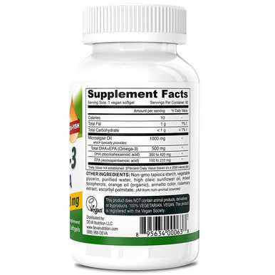 Deva Vegan Omega-3 DHA EPA Supplement - Once-Per-Day Softgel 500 MG - Carrageenan - Gelatin - Non-Fish - Algae Oil Omega-3 Fatty Acids - 60 Softgels