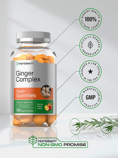 Ginger Supplement | 120 Gummies | Peach Flavor Chews | Ginger Complex with Turmeric | Vegan, Non-GMO, Gluten Free | by Horbaach