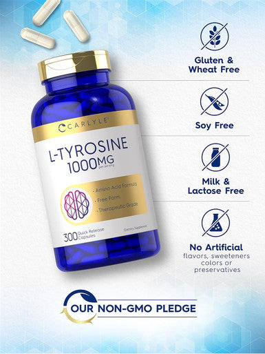 Carlyle L Tyrosine Capsules 1000mg | 300 Count | Therapeutic Grade | for Men and Women | Non-GMO & Gluten Supplement