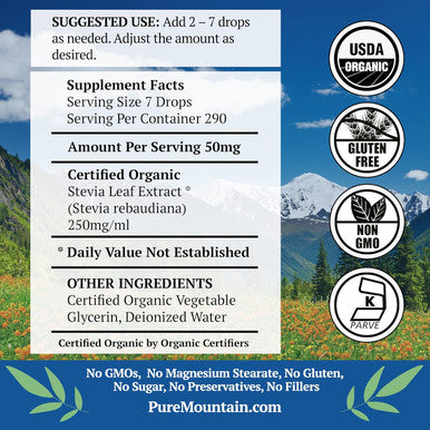 Pure Mountain Botanicals Organic Liquid Stevia Sweetener Alcohol And her Sweet Sugar Substitute Drops - 2Oz Glass Bottle