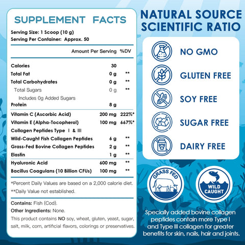 Nature Target Marine Collagen Powder For Women - Multi Collagen Peptides With Hyaluronic Acid & Vitamin C For Hair Skin Nails & Joints - Wild-Caught Fish & Grass-Fed Bovine 50 Servings