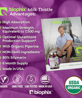 Biophix Milk Thistle Usda Organic 30:1 Extract 7500 Mg With Piperine 180 Veggie Capsules - Healthy Liver Support - Antioxidant Formula - Detoxification Support
