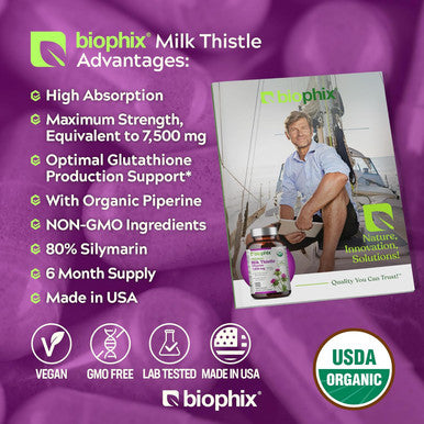 Biophix Milk Thistle Usda Organic 30:1 Extract 7500 Mg With Piperine 180 Veggie Capsules - Healthy Liver Support - Antioxidant Formula - Detoxification Support