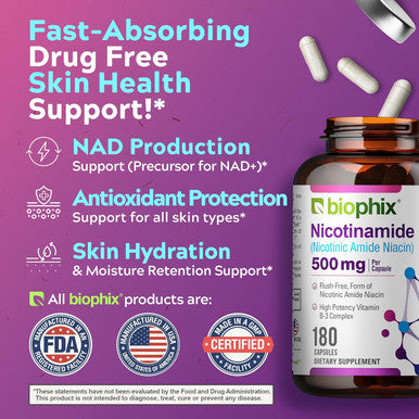 Biophix B-3 Nicotinamide 500 Mg 180 Caps - Nicotinic Amide Niacin Natural Flush- Vitamin Formula - Supports Skin Cell Health