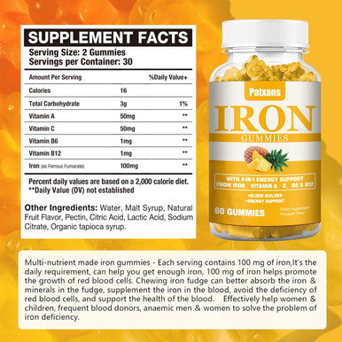 2 Packs 100Mg Iron Supplement Gummies For Women & Men - With Vitamin A, C, B - Blood Builder &Energy Support For Iron Deficiency, Anemia, Adults &Children, Vegan, Pineapple Flavor Gummy, 120Ct