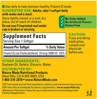 Nature Made Vitamin D3 1000 Iu Supplement Liquid Softgels 100 Count (Pack Of 2)