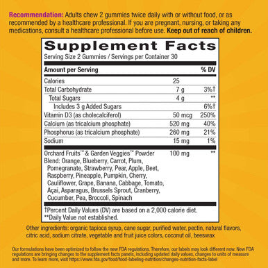 Nature's Way Premium Calcium + D3 Gummy + Orchard Fruits/Garden Veggies Blend, 60 Cherry & Strawberry Gummies