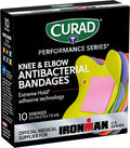 Curad Performance Series IRONMAN Antibacterial Bandages Extreme Hold Adhesive Technology Knee & Elbow 3 inches x 3 inches 10 Count Ideal for Cuts Scrapes Sports and Active Lifestyles