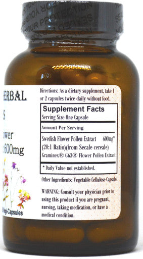 Barlowe's Herbal Elixirs Swedish Flower Pollen Extract 20:1 60 600mg Vegi Capsules Bottled in Glass