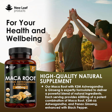 New Leaf Maca Root Capsules With Ksm Ashwagandha And Ginseng - 180 High Strength 6000Mg Capsules